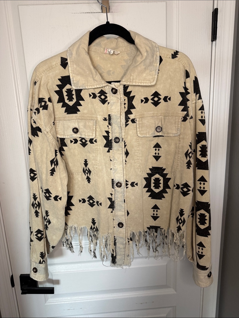 BiBi Cream and Black Aztec Fringed Jean Jacket